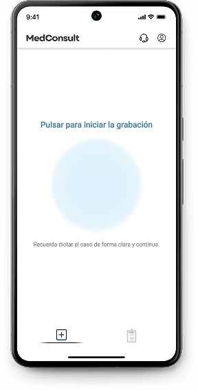 MedConsult en el teléfono, listo para iniciar la grabación de la consulta
